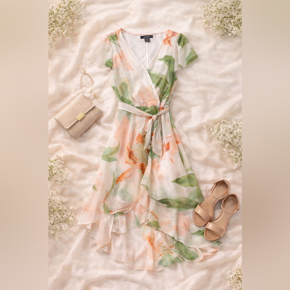 DKNY Peach & Green High-Low Floral Wrap Dress - Picture 2 of 5